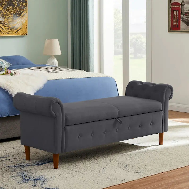 Storage Bench for Bedroom End of Bed Rolled Armed Linen Fabric Ottoman Couch Long Bench