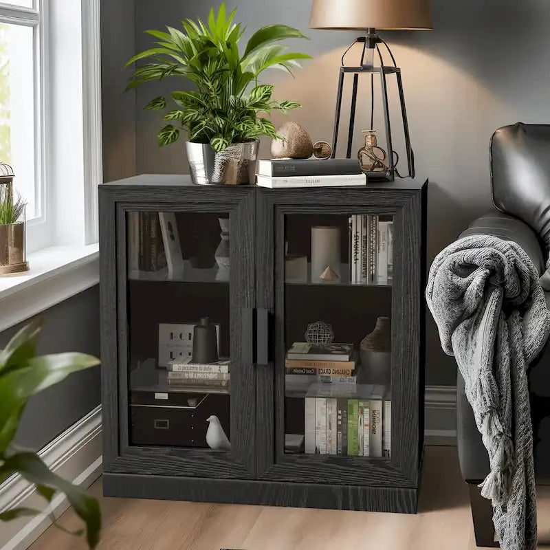 Solid Wood Storage Cabinet with two Glass Doors 31