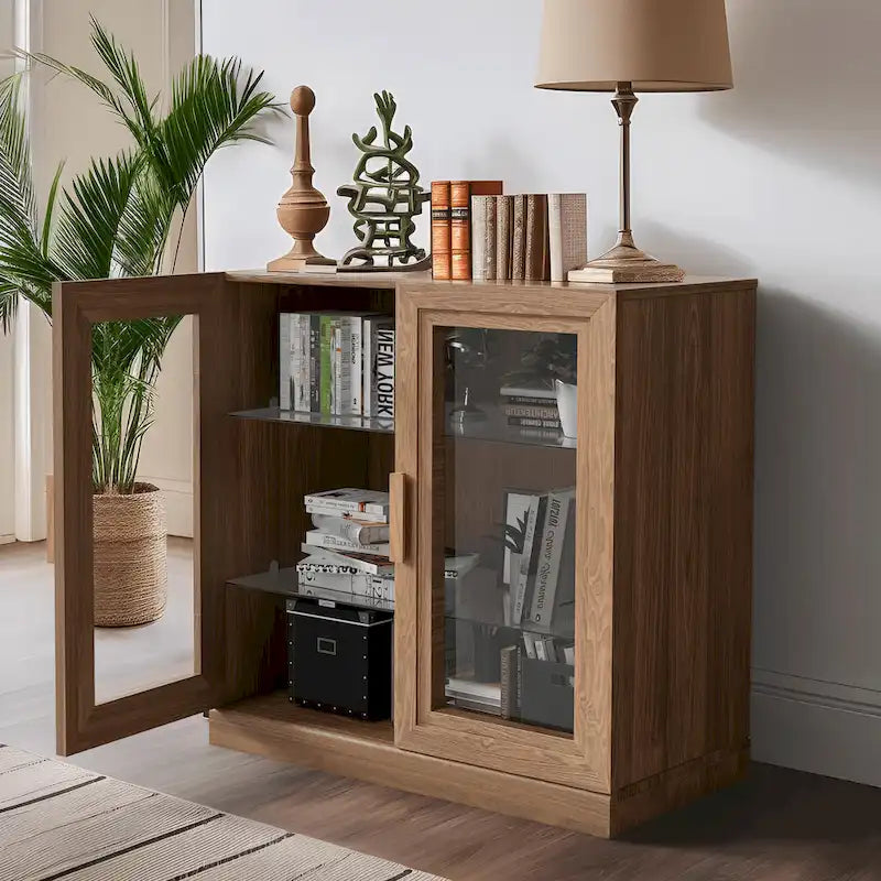 Solid Wood Storage Cabinet with Glass Doors