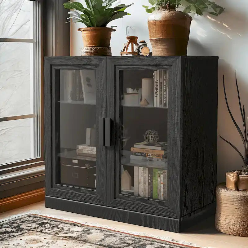 Solid Wood Storage Cabinet with Glass Doors