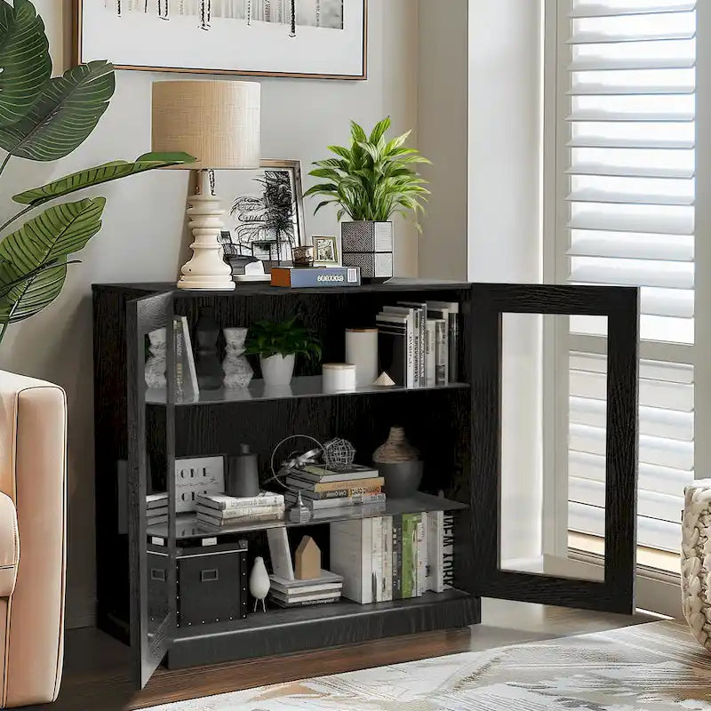 Solid Wood Storage Cabinet with Glass Doors