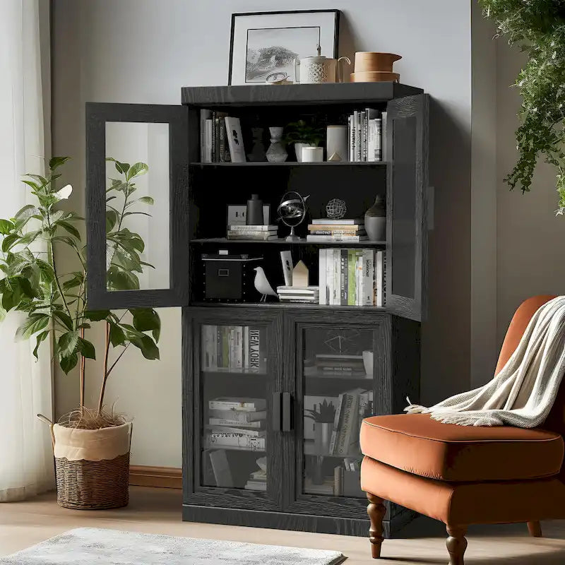 Solid Wood Storage Cabinet with Glass Doors
