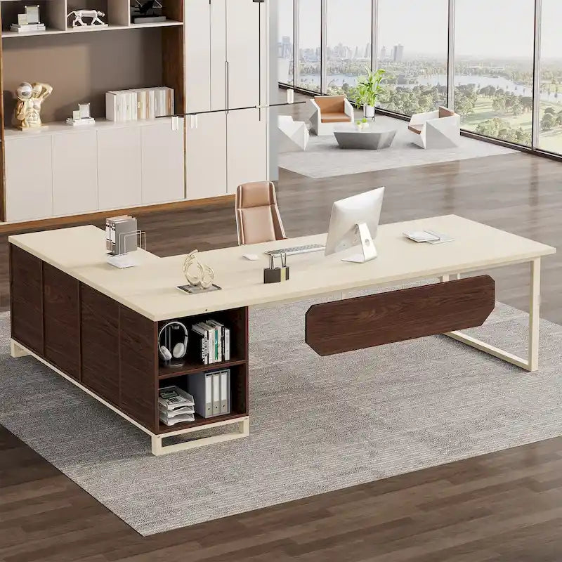 Walnut L-Shaped Executive Desk with File Cabinet