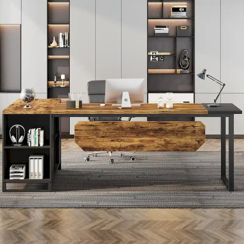 Walnut L-Shaped Executive Desk with File Cabinet