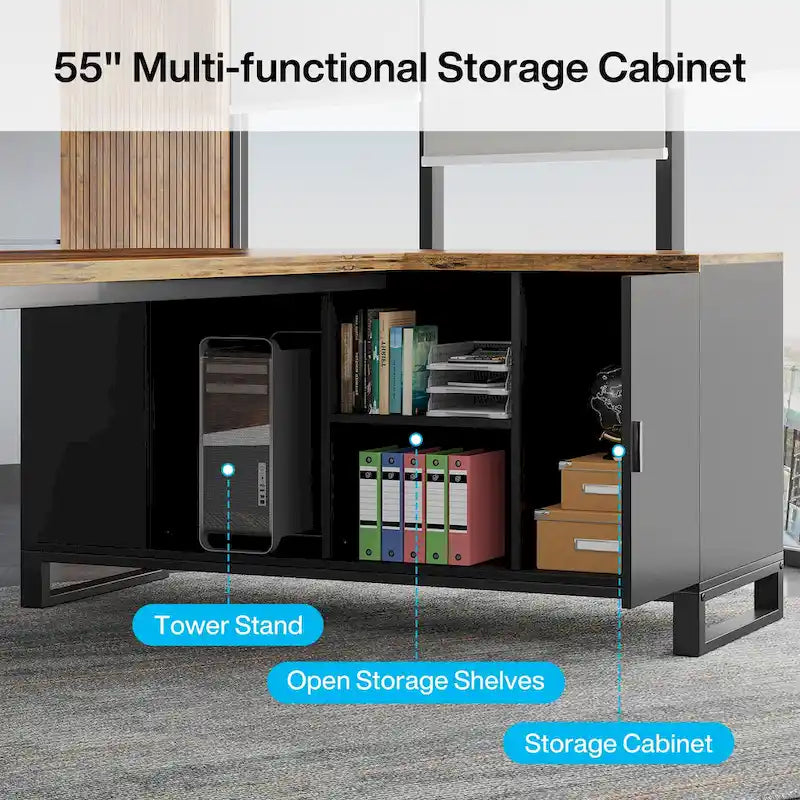 Walnut L-Shaped Executive Desk with File Cabinet