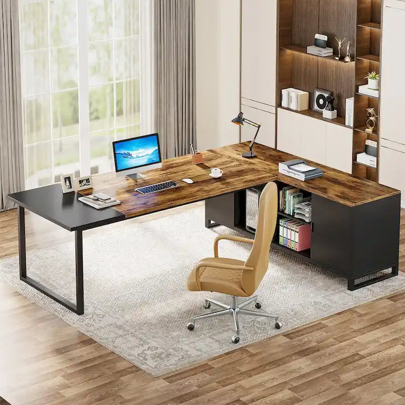 Walnut L-Shaped Executive Desk with File Cabinet