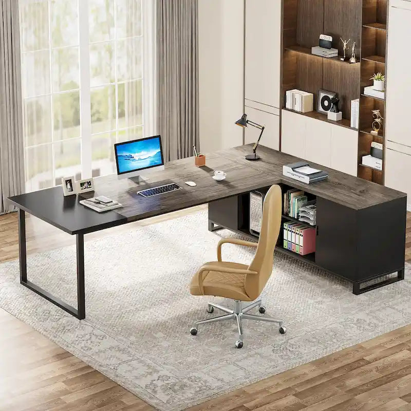 Walnut L-Shaped Executive Desk with File Cabinet