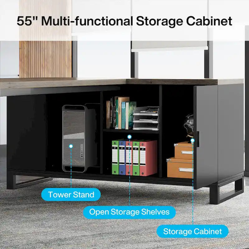 Walnut L-Shaped Executive Desk with File Cabinet