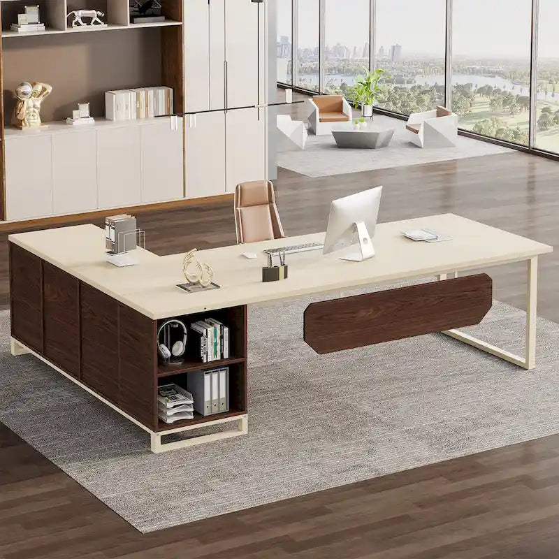 Walnut L-Shaped Executive Desk with File Cabinet