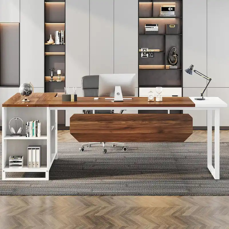 Walnut L-Shaped Executive Desk with File Cabinet