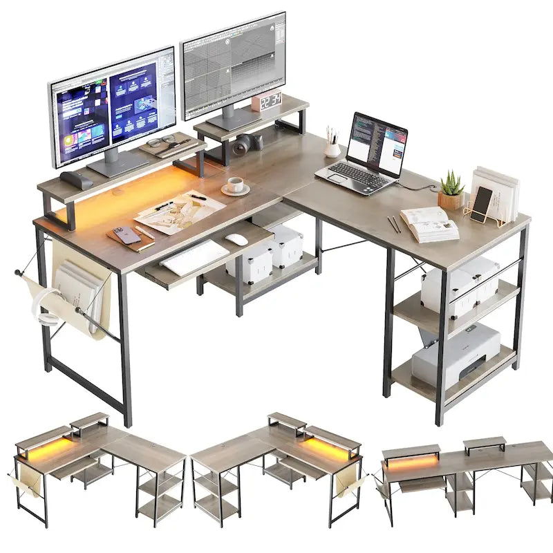 95.2 L-Shaped Gaming Desk with RGB LED and Monitor Stand