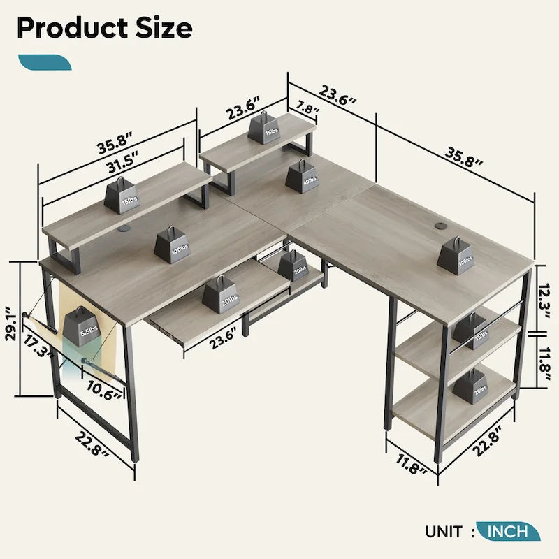 95.2 L-Shaped Gaming Desk with RGB LED and Monitor Stand