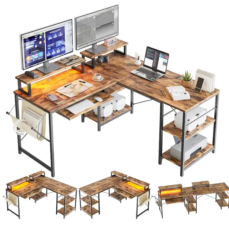 95.2 L-Shaped Gaming Desk with RGB LED and Monitor Stand