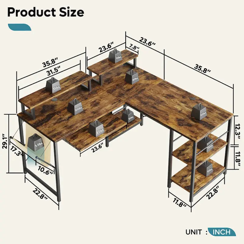 95.2 L-Shaped Gaming Desk with RGB LED and Monitor Stand