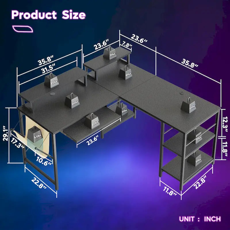 95.2 L-Shaped Gaming Desk with RGB LED and Monitor Stand