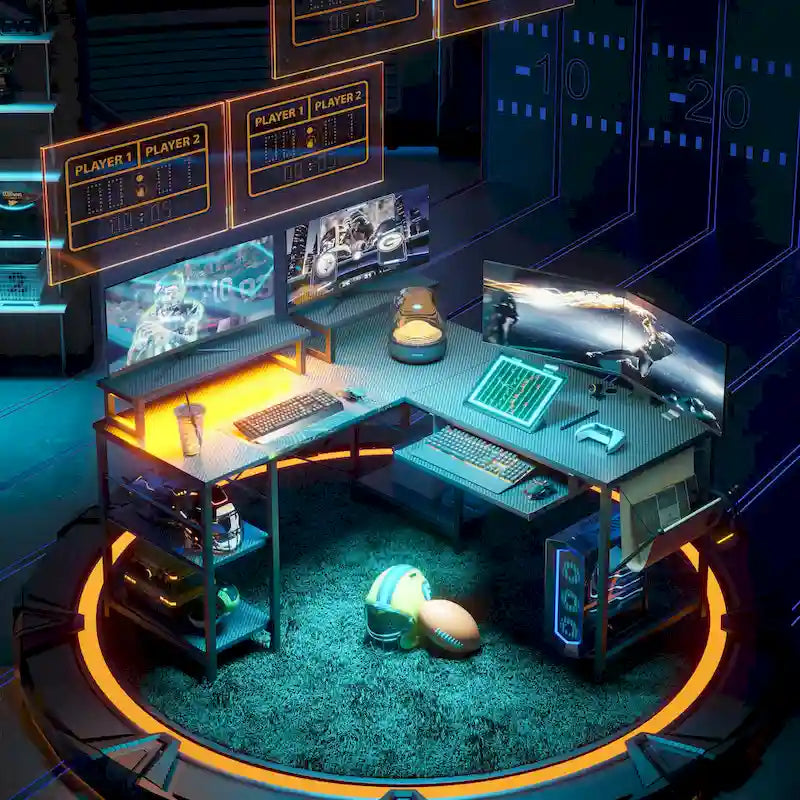 95.2 L-Shaped Gaming Desk with RGB LED and Monitor Stand