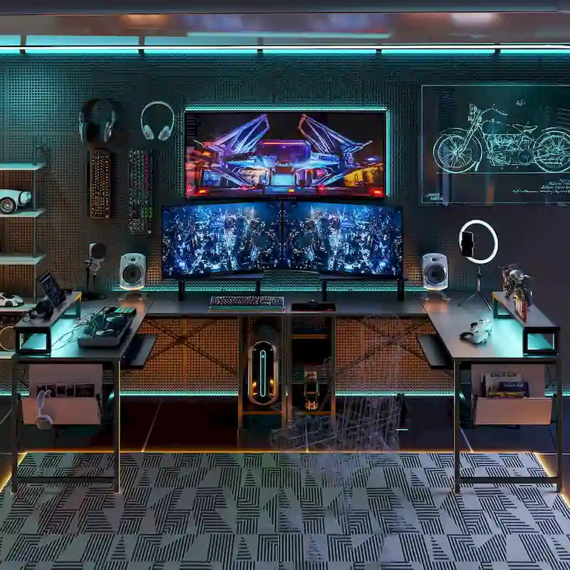 95.2 L-Shaped Gaming Desk with RGB LED and Monitor Stand