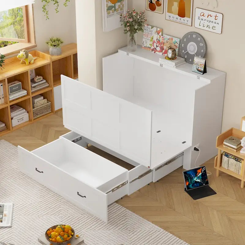 White Full-Size Murphy Bed with Storage Drawers
