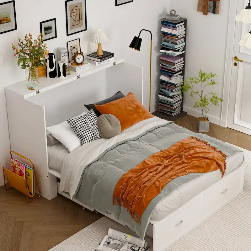 White Full-Size Murphy Bed with Storage Drawers