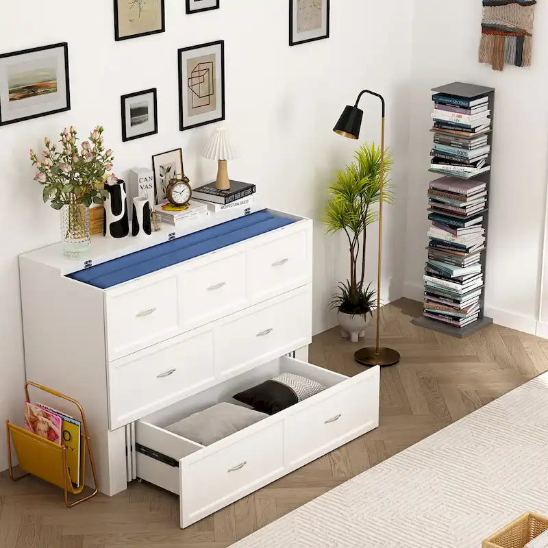 White Full-Size Murphy Bed with Storage Drawers