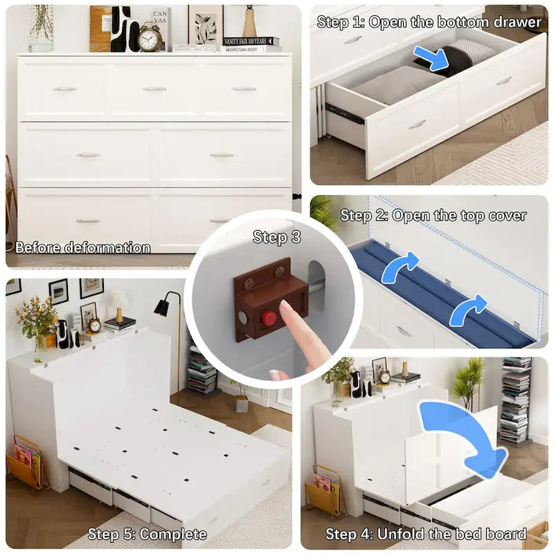 White Full-Size Murphy Bed with Storage Drawers