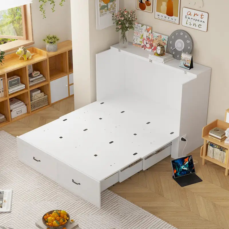 White Full-Size Murphy Bed with Storage Drawers
