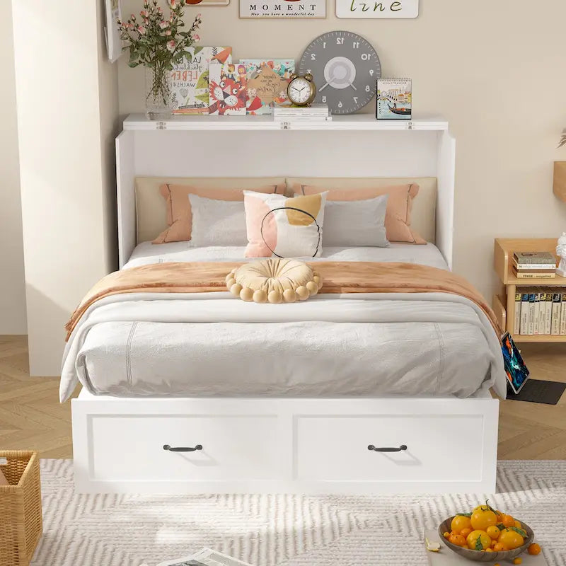 White Full-Size Murphy Bed with Storage Drawers