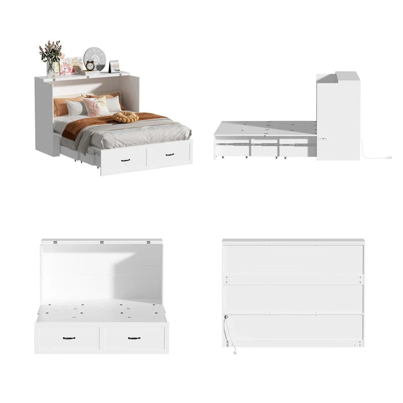 White Full-Size Murphy Bed with Storage Drawers