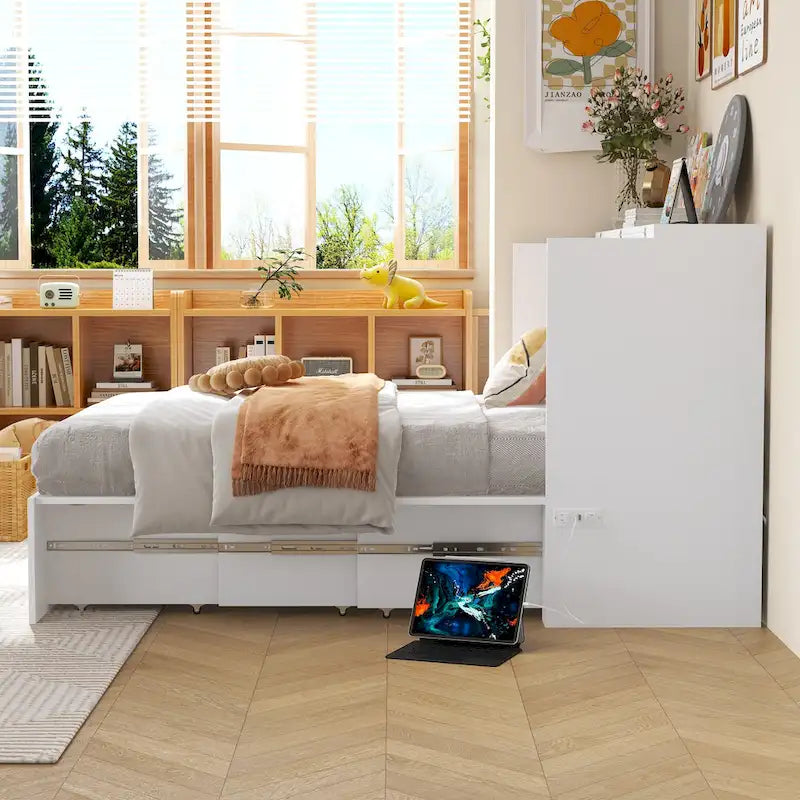 White Full-Size Murphy Bed with Storage Drawers