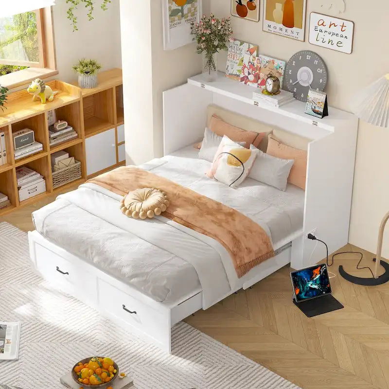 White Full-Size Murphy Bed with Storage Drawers