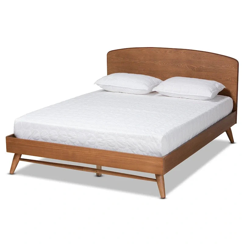 Walnut Brown Mid-Century Platform Bed with Curved Headboard - Full Size