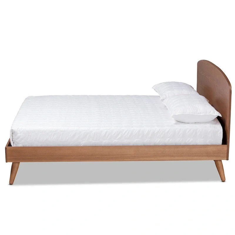 Walnut Brown Mid-Century Platform Bed with Curved Headboard - Full Size