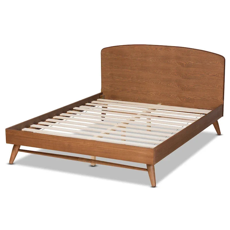 Walnut Brown Mid-Century Platform Bed with Curved Headboard - Full Size