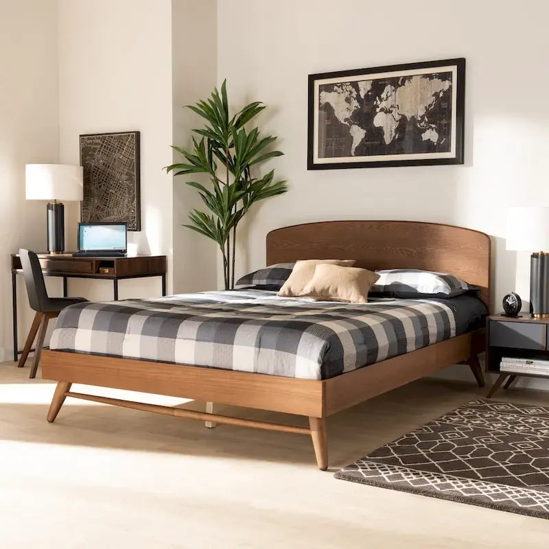 Walnut Brown Mid-Century Platform Bed with Curved Headboard - Full Size