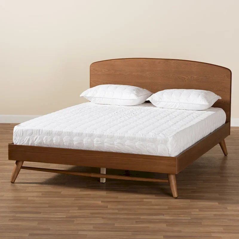 Walnut Brown Mid-Century Platform Bed with Curved Headboard - Full Size