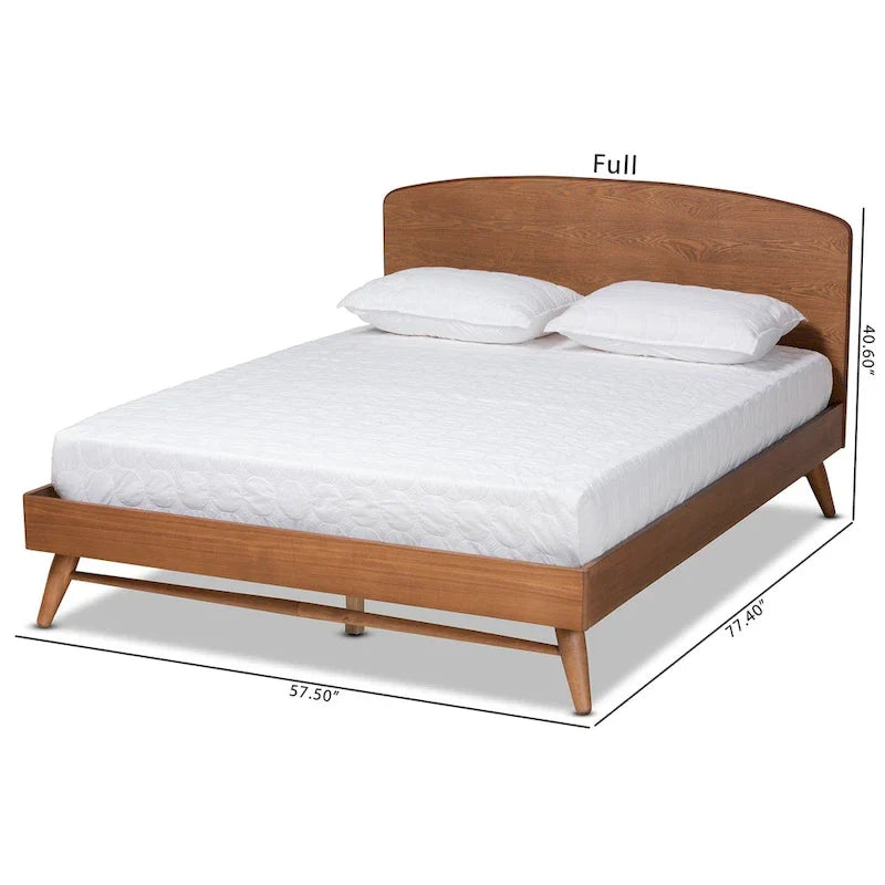 Walnut Brown Mid-Century Platform Bed with Curved Headboard - Full Size