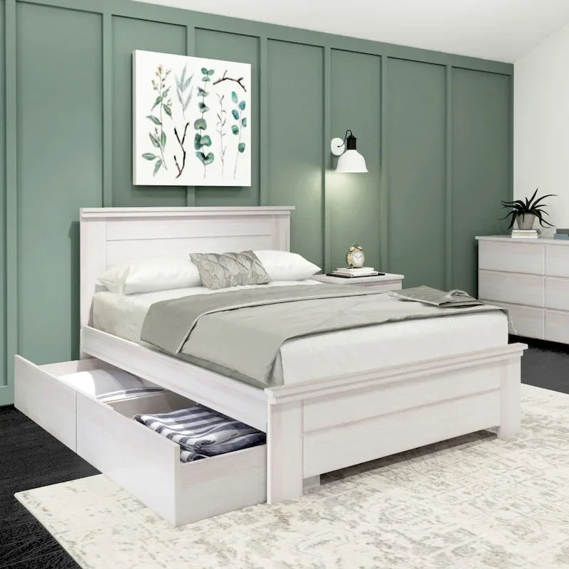 Full Size Pine Wood Bed with Panel Headboard and Storage Drawers