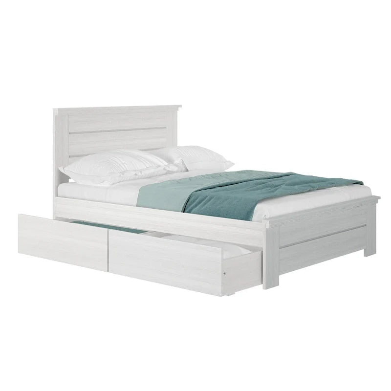 Full Size Pine Wood Bed with Panel Headboard and Storage Drawers