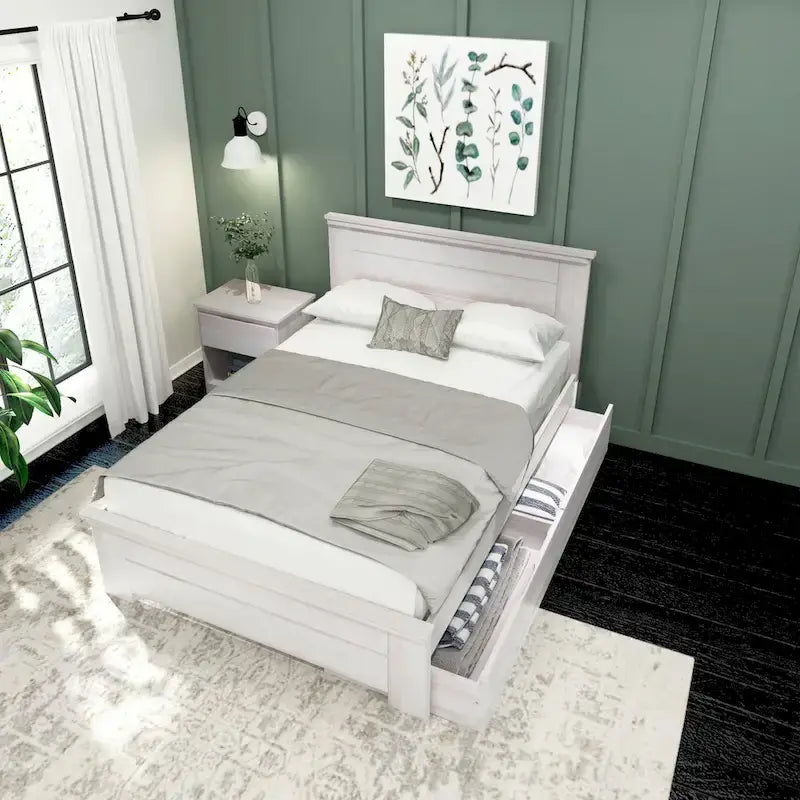 Full Size Pine Wood Bed with Panel Headboard and Storage Drawers