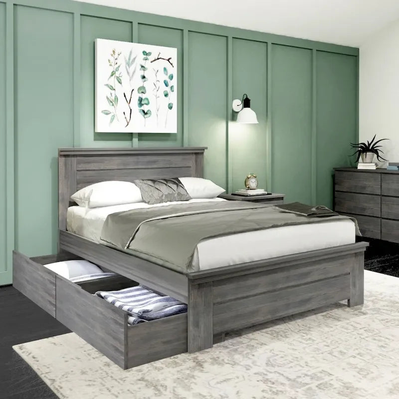 Full Size Pine Wood Bed with Panel Headboard and Storage Drawers