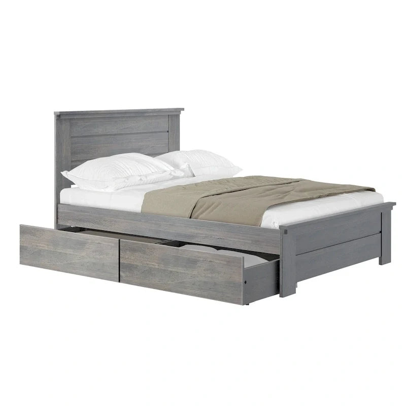 Full Size Pine Wood Bed with Panel Headboard and Storage Drawers
