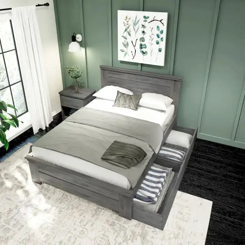 Full Size Pine Wood Bed with Panel Headboard and Storage Drawers