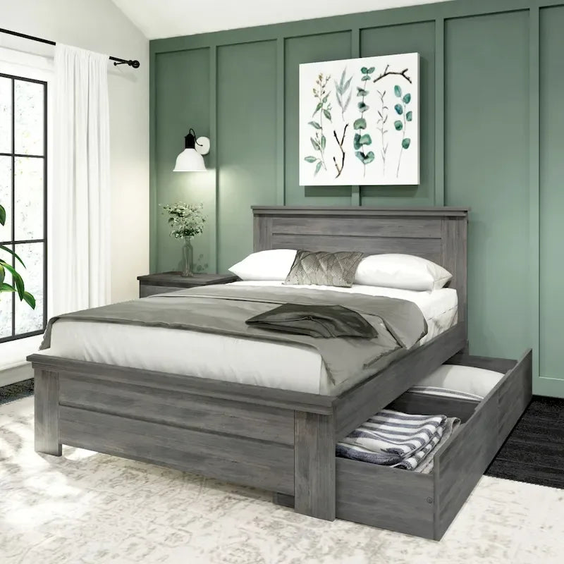 Full Size Pine Wood Bed with Panel Headboard and Storage Drawers