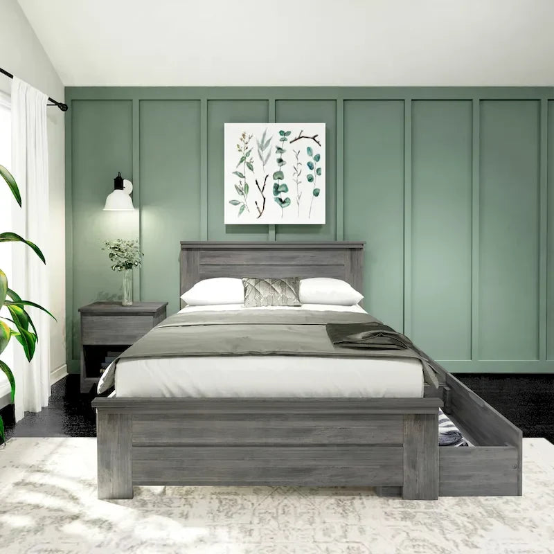 Full Size Pine Wood Bed with Panel Headboard and Storage Drawers