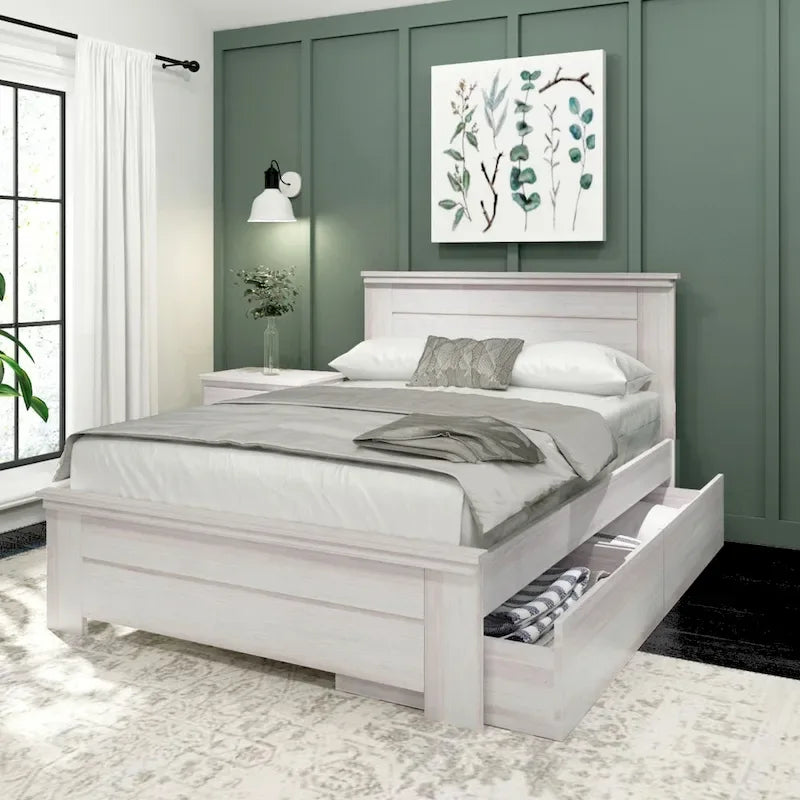 Full Size Pine Wood Bed with Panel Headboard and Storage Drawers