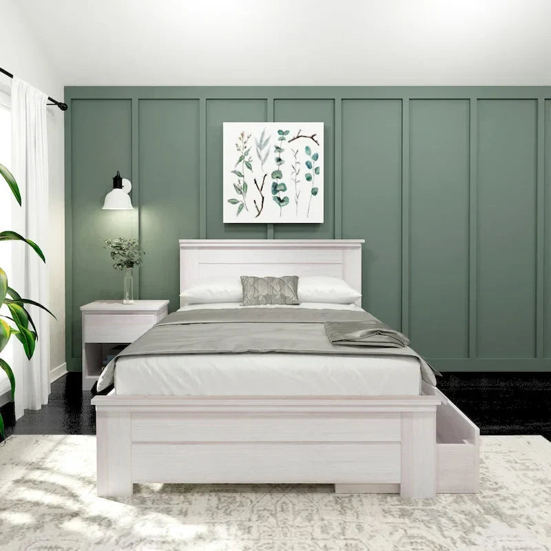 Full Size Pine Wood Bed with Panel Headboard and Storage Drawers
