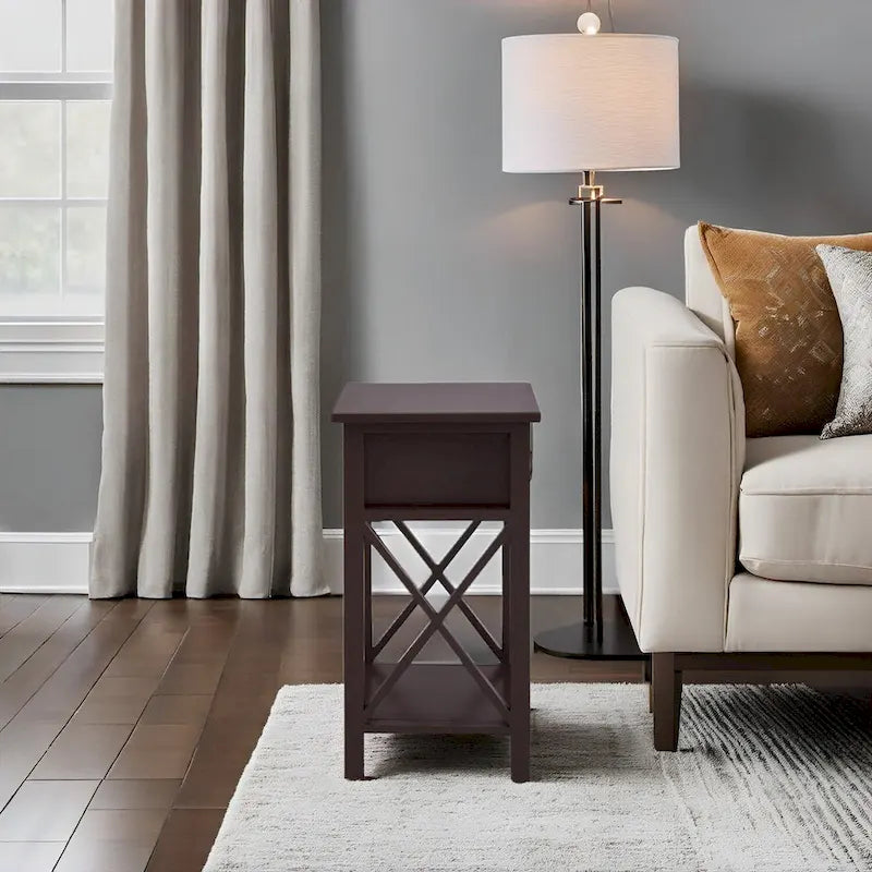 Wooden Nightstand with Drawer and Open Shelves