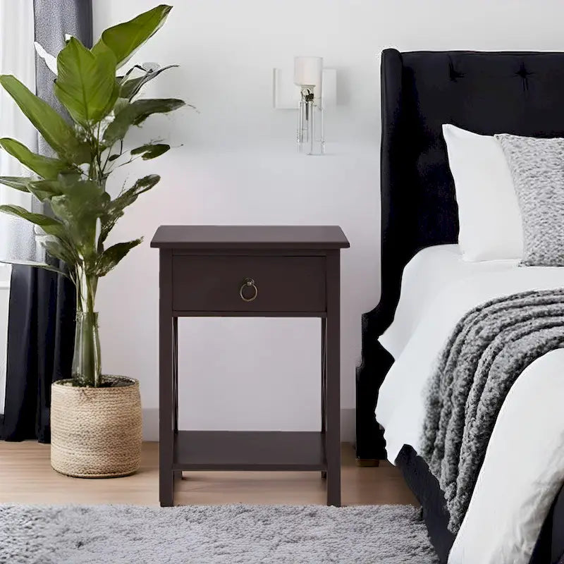 Wooden Nightstand with Drawer and Open Shelves