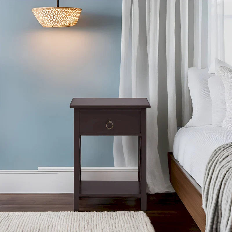 Wooden Nightstand with Drawer and Open Shelves