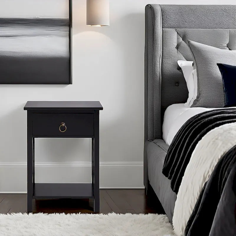 Wooden Nightstand with Drawer and Open Shelves